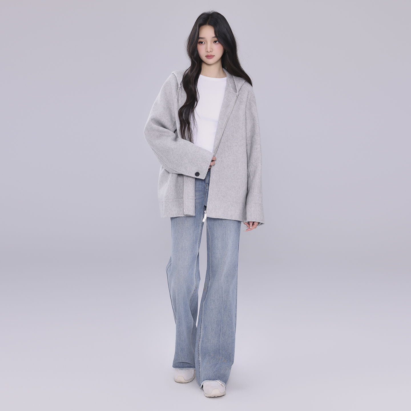 小鹿短款灰色全毛拉链双面呢大衣