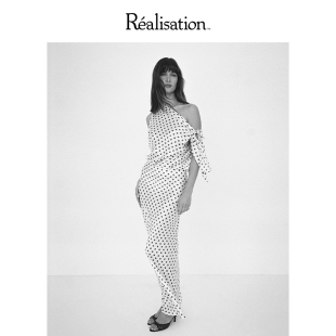 RealisationPar Tabitha 连衣裙白色波点缎面斜肩真丝斜裁长裙The