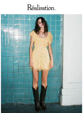 RealisationPar 连衣裙黄色波点复古真丝斜裁A字短裙 The Birdie