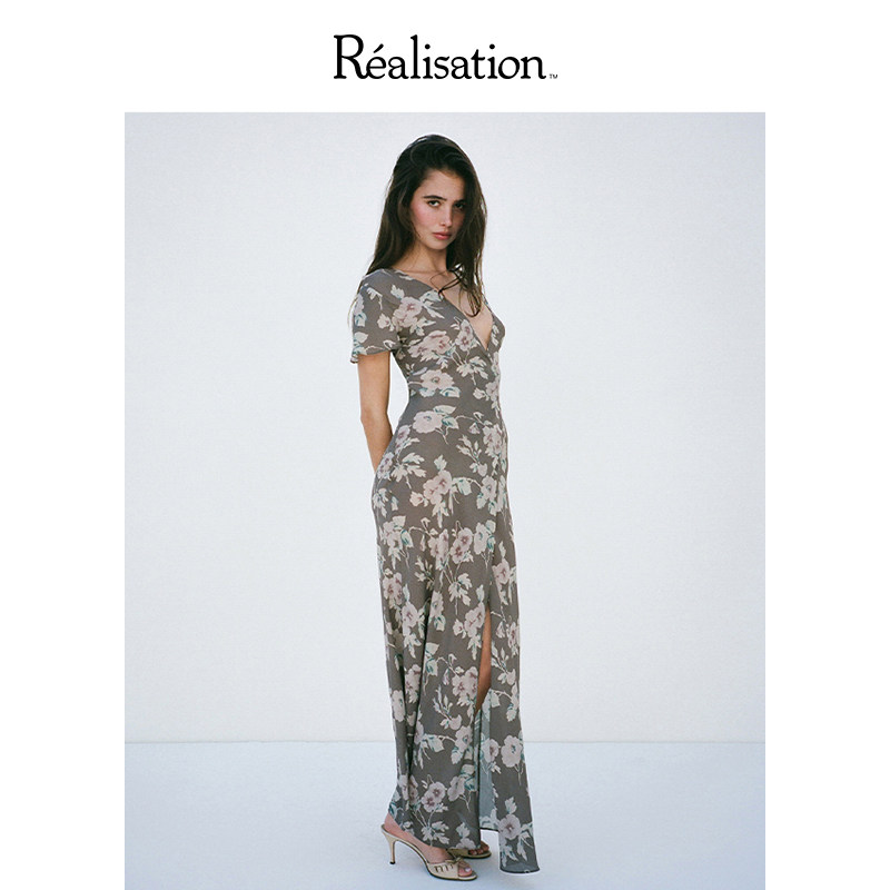 RealisationPar连衣裙真丝灰色法式短袖茶歇裙裹身长裙The Salome