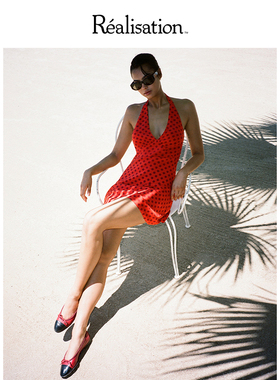 RealisationPar 连衣裙挂脖波点复古深V度假真丝裙 The Leila