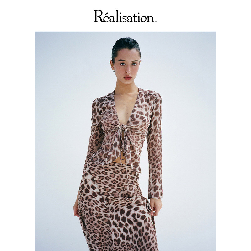 RealisationPar 豹纹衬衫系带深V性感真丝上衣 The Bianca