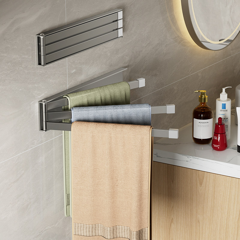 304不锈钢旋转毛巾架免打孔卫生间多杆折叠收纳挂浴巾浴室置物架