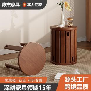 家用凳子可叠放实木圆凳叠叠乐新中式矮凳带滑轮木凳厨房餐厅板凳