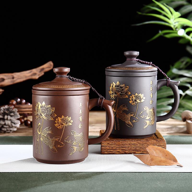 A5L宜兴大容量紫砂杯男士带盖泡茶杯茶具办公室陶瓷家用个人水杯