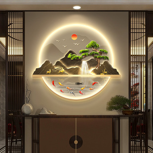 轻奢九鱼图玄关装饰画迎客松走廊过道玄幻挂画高级led灯中堂壁画