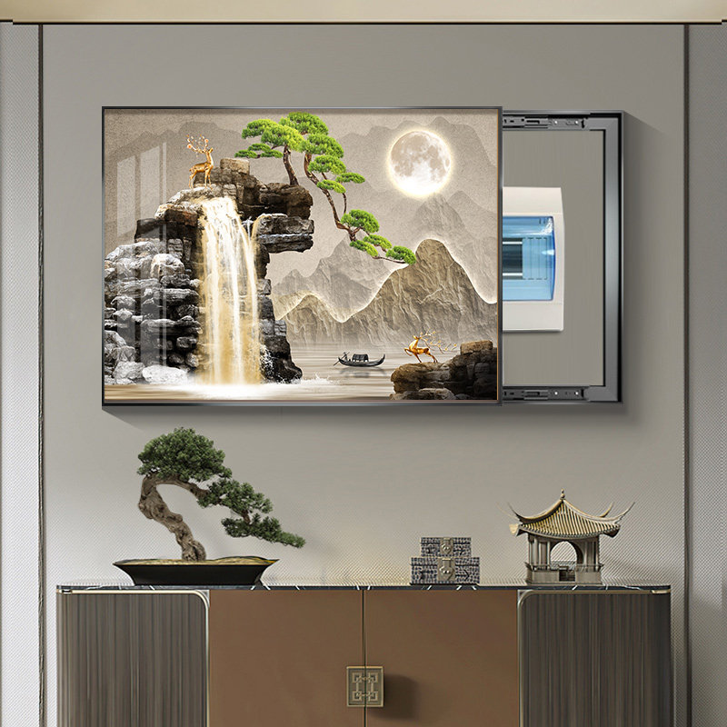 新中式山水电表箱装饰画免打孔流水生财配电箱遮挡电闸盒开关挂画