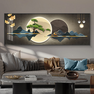 新中式客厅装饰画迎客松大气沙发背景墙整副横版壁画2026新款挂画
