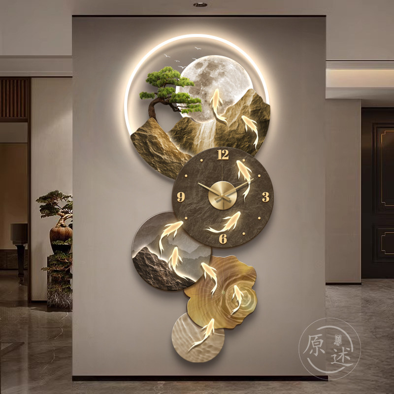 轻奢九鱼图时钟玄关装饰画高级感LED灯走廊过道挂钟客厅山水壁画
