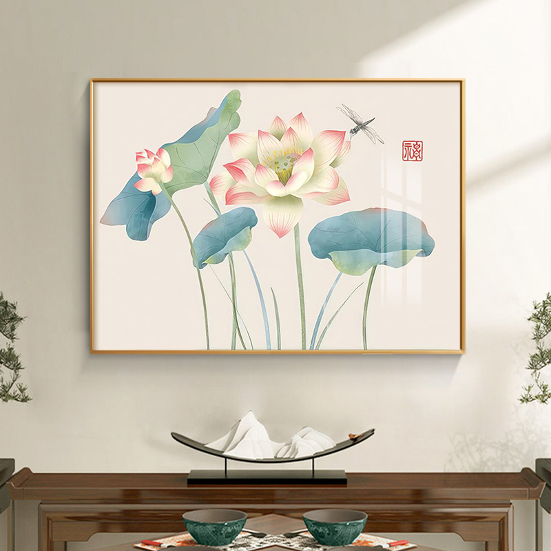 新中式荷花餐厅装饰画饭厅餐边柜客厅背景墙壁画禅意入户玄关挂画图片