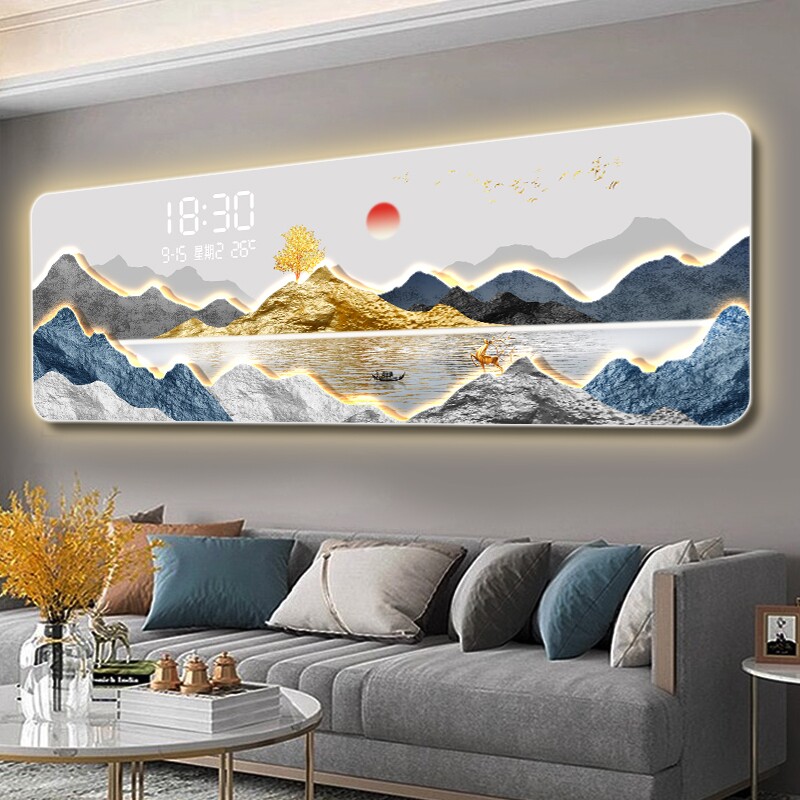 高级感立体山水画客厅装饰画大气电子钟会议室茶室背景墙氛围灯画