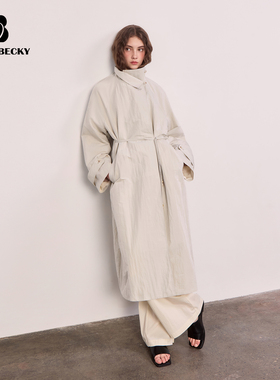BobbyBecky纸片人风衣肌理皱感极简宽松长款外套光泽感显瘦防风服