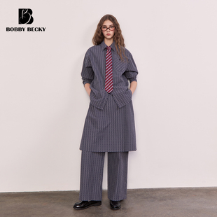 BobbyBecky立体提花复古100%新疆棉马场格纹翻领衬衣裤裙半裙套装