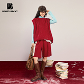 BobbyBecky百搭复古红叠穿羊毛针织马甲美利奴羊毛针织短裤