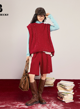 BobbyBecky百搭复古红叠穿羊毛针织马甲美利奴羊毛针织短裤