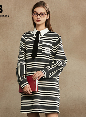 BOBBYBECKY学院风连衣裙美式复古撞色领长袖条纹POLO裙珠地棉休闲