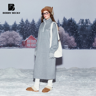 Bobbybecky慵懒休闲拉链翻领羊羔毛直筒套头袋鼠兜长卫衣裙
