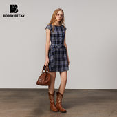 Bobbybecky美式 复古格纹学院风小飞袖 收腰蝴蝶结系带连衣裙