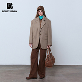 Bobbybecky秋冬羊毛条纹宽松多穿斜门襟复古百搭时髦夹棉西装