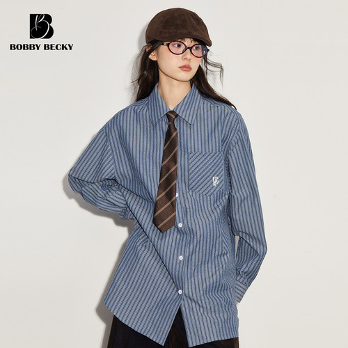 Bobbybecky复古文艺百搭蓝条纹系扣掐腰衬衣