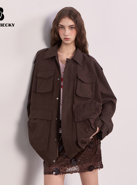 BobbyBecky复古巴恩风工装宽松风衣外套翻领中长夹克