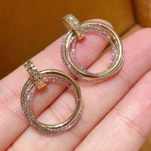 18K金双色三环吊坠AU750 送女友礼物美梓 素金刻面爆闪碎碎冰颈饰