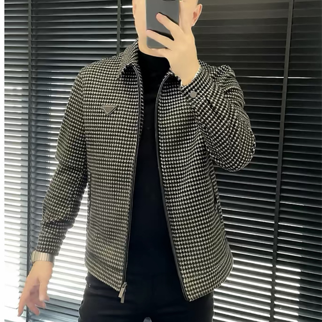 轻奢设计感商务小众翻领夹克外套男士秋冬新款千鸟格开衫拉链上衣