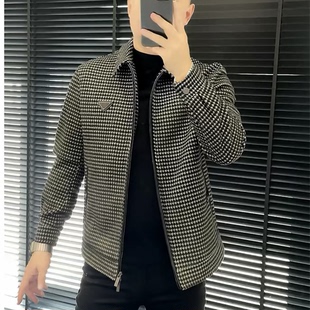轻奢设计感商务小众翻领夹克外套男士秋冬新款千鸟格开衫拉链上衣