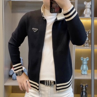 潮牌三角标休闲拉链夹克上衣服 条纹外套男士 简约时尚 帅气立领开衫