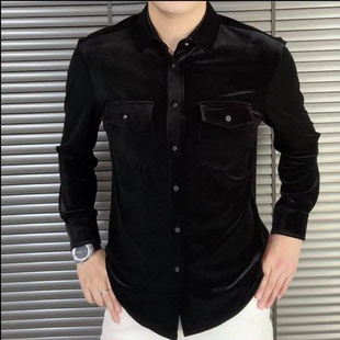 欧货新款商务金丝绒长袖衬衫男士秋季潮牌简约黑色百搭翻领衬衣服