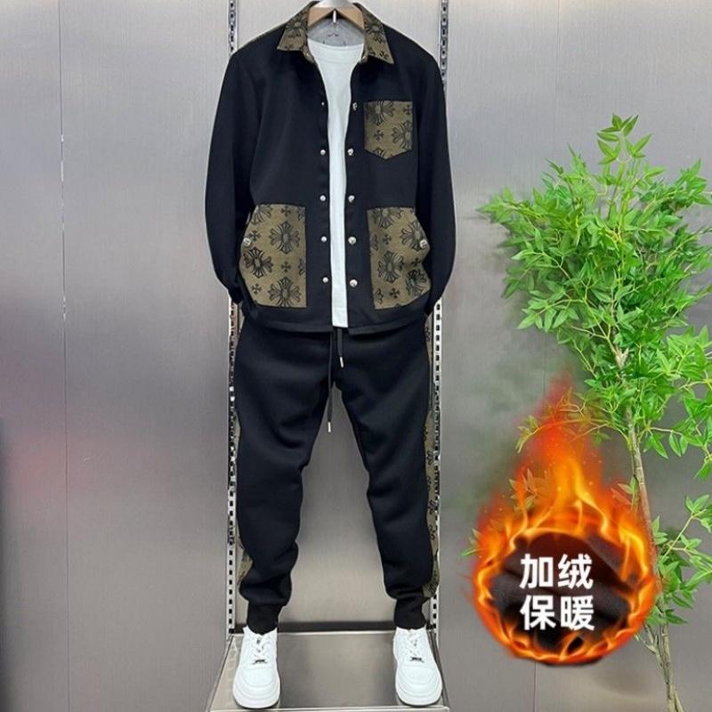 秋冬季男士拼接翻领套装