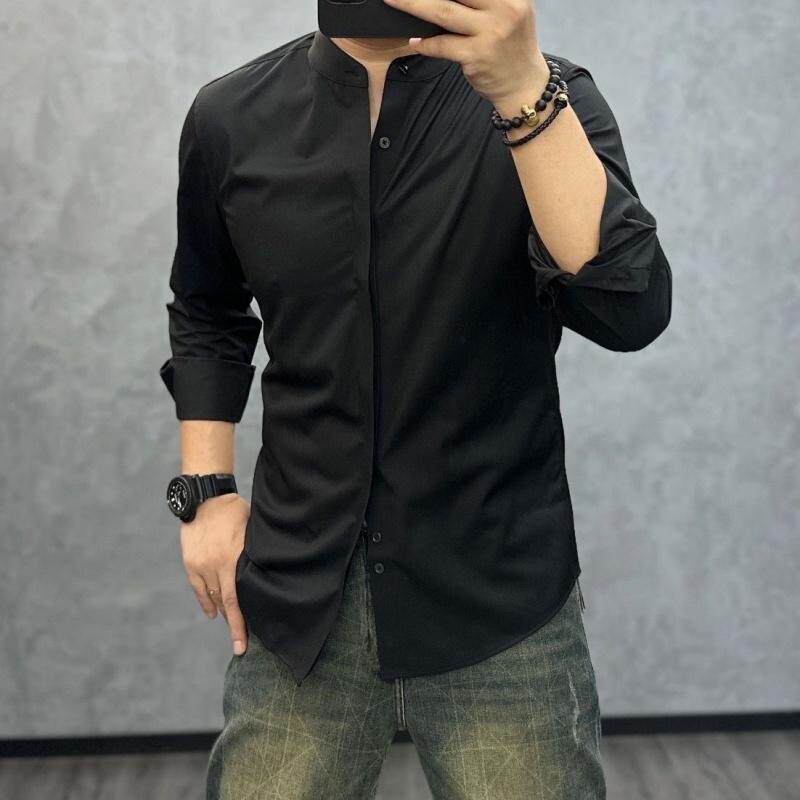 高级感黑色立领长袖衬衫男士潮牌时尚休闲纯色简约新中式高端衬衣