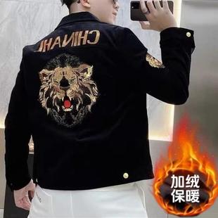 刺绣亮片印花外套 个性 欧货高端轻奢黑色加绒保暖夹克男士 潮牌时尚