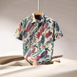 轻奢潮牌设计感花色短袖衬衫男士夏季时尚文艺个性印花休闲衬衣服
