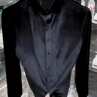 秋冬季轻奢时尚简约纯色金丝绒衬衫男士商务潮流高级感长袖衬衣服