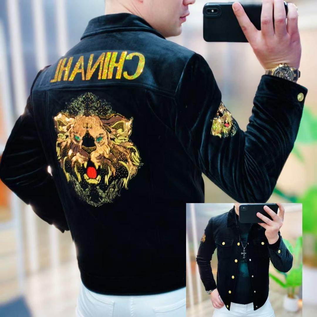 欧洲站高端时尚个性潮流帅气夹克上衣男士秋冬季新款修身刺绣外套