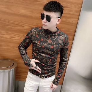 秋冬季小众设计感花色半高领长袖t恤男士潮牌时尚印花保暖打底衫