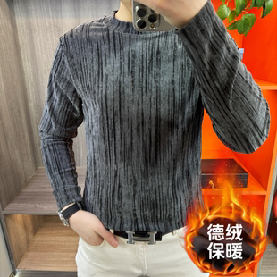 T恤男士 2025秋季 条纹圆领长袖 时尚 潮流印花百搭小众套头上衣 新款