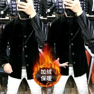 秋冬新款时尚高级感中长款百搭上衣外套男士新中式金丝绒翻领夹克