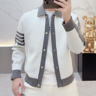 秋冬新款时尚设计感拼接撞色针织衫男士高端条纹休闲翻领开衫毛衣