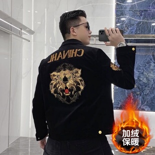 秋冬季加绒保暖灯芯绒夹克男士潮牌修身高端时尚印花翻领上衣外套