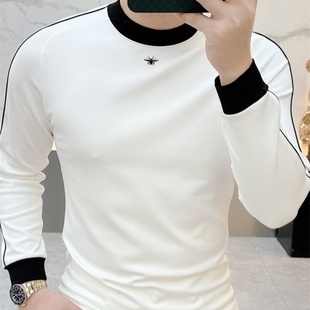 2025新款潮牌设计感蜜蜂刺绣上衣男士时尚痞帅半高领长袖套头T恤