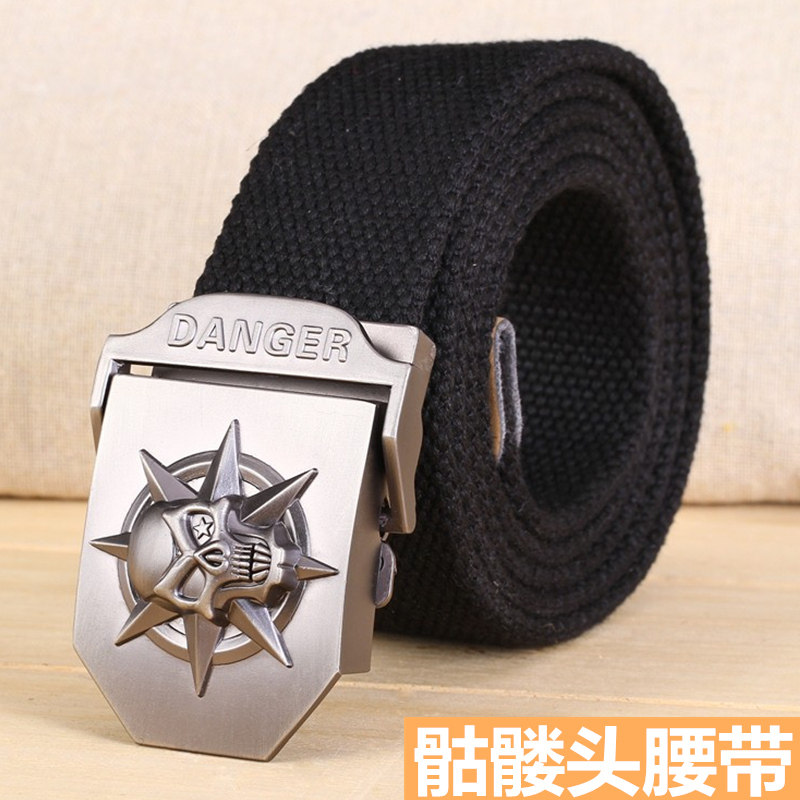 青年加厚帆布腰带男士骷髅头个性休闲皮带学生自动平滑扣牛仔裤带