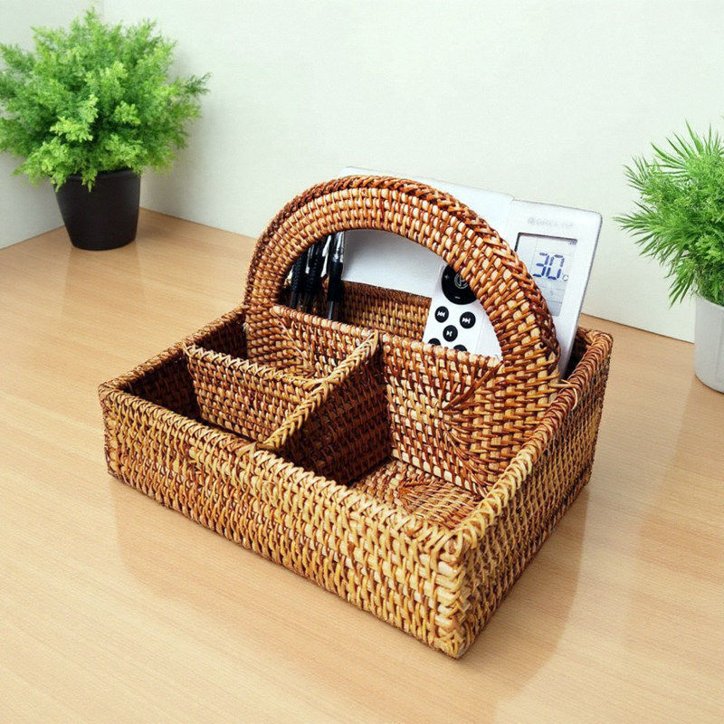 客厅茶几置物盒遥控器分格收纳藤编织钥匙纸巾护肤品家用桌面民宿