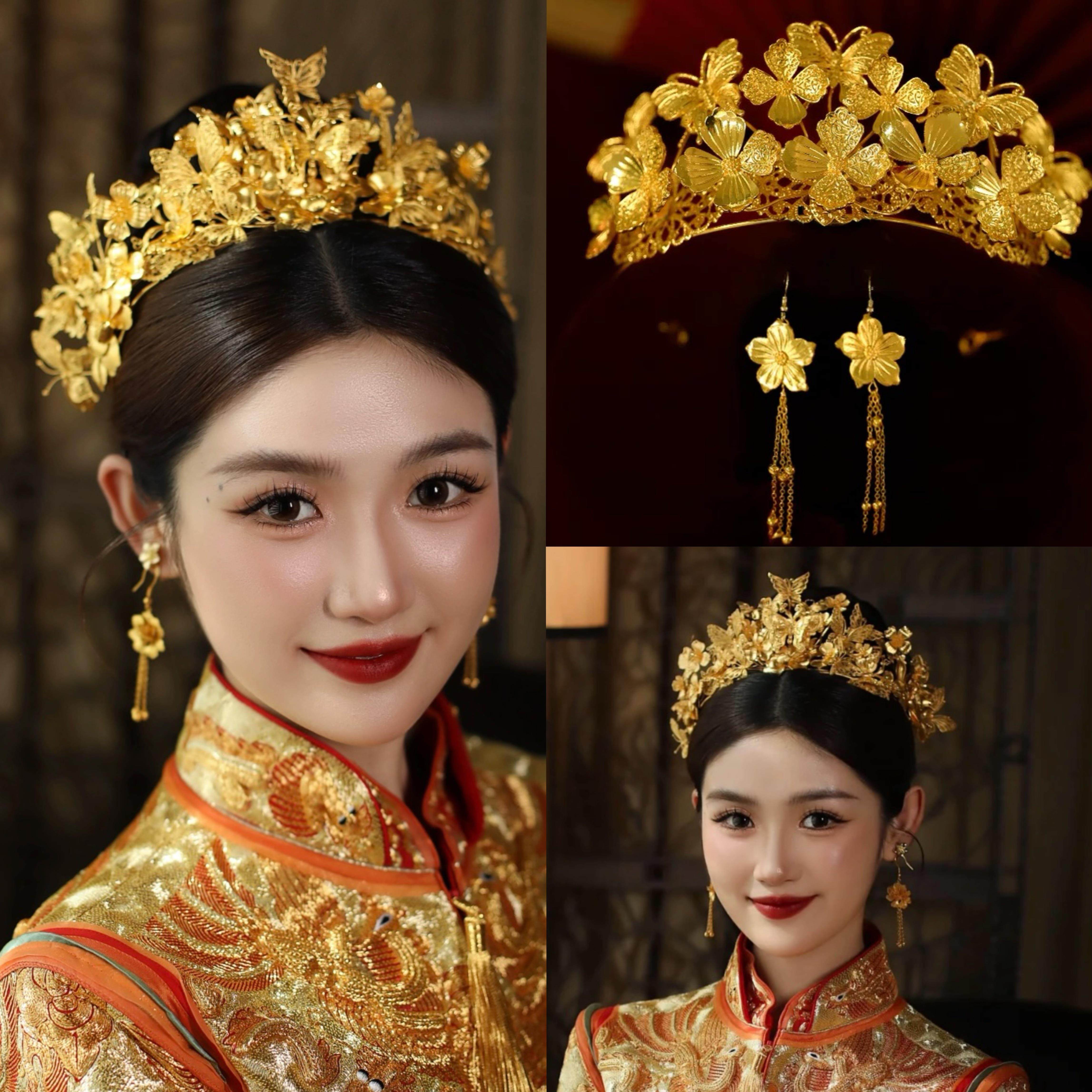 新娘头饰金色凤冠旗袍龙凤褂结婚发冠复古秀禾服发饰新中式高级感