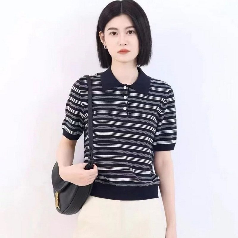 藏蓝色套头条纹针织短袖显瘦女款