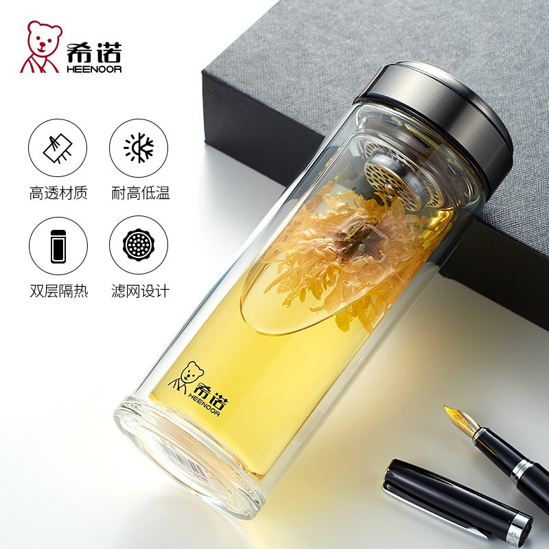 希诺水杯官方旗舰店正品双层高硼硅玻璃泡茶杯商务车载水杯礼品盒