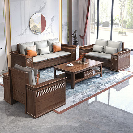 新品实木沙发组合现代简约新中式转角储物布艺沙发大户型客厅家具