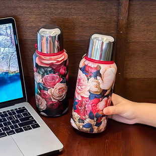 复古不锈钢保温杯经典花开富贵喝水杯子便携直饮茶隔办公室泡茶杯