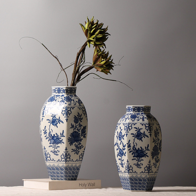 中式青花瓷海水纹折纸花果纹装饰品 陶瓷花瓶创意插花摆件 三件套